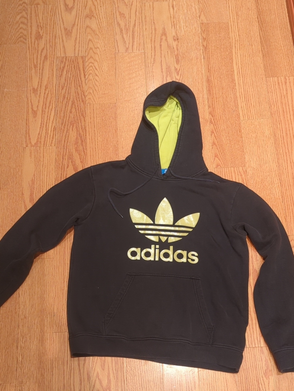 Adidas Black Crewneck Hoodie with Yellow Trefoil and Lime Lining